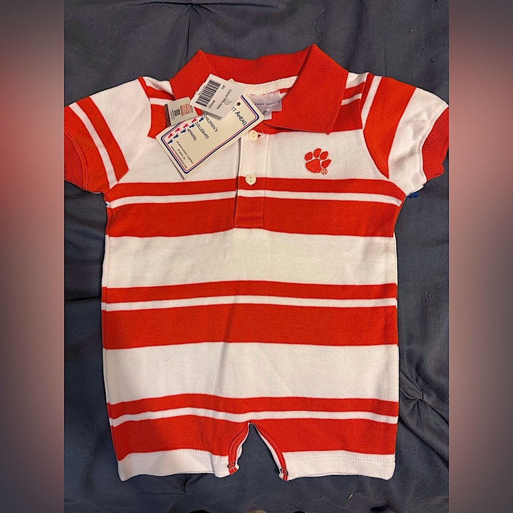 Clemson Orange and White Striped Baby Polo Romper